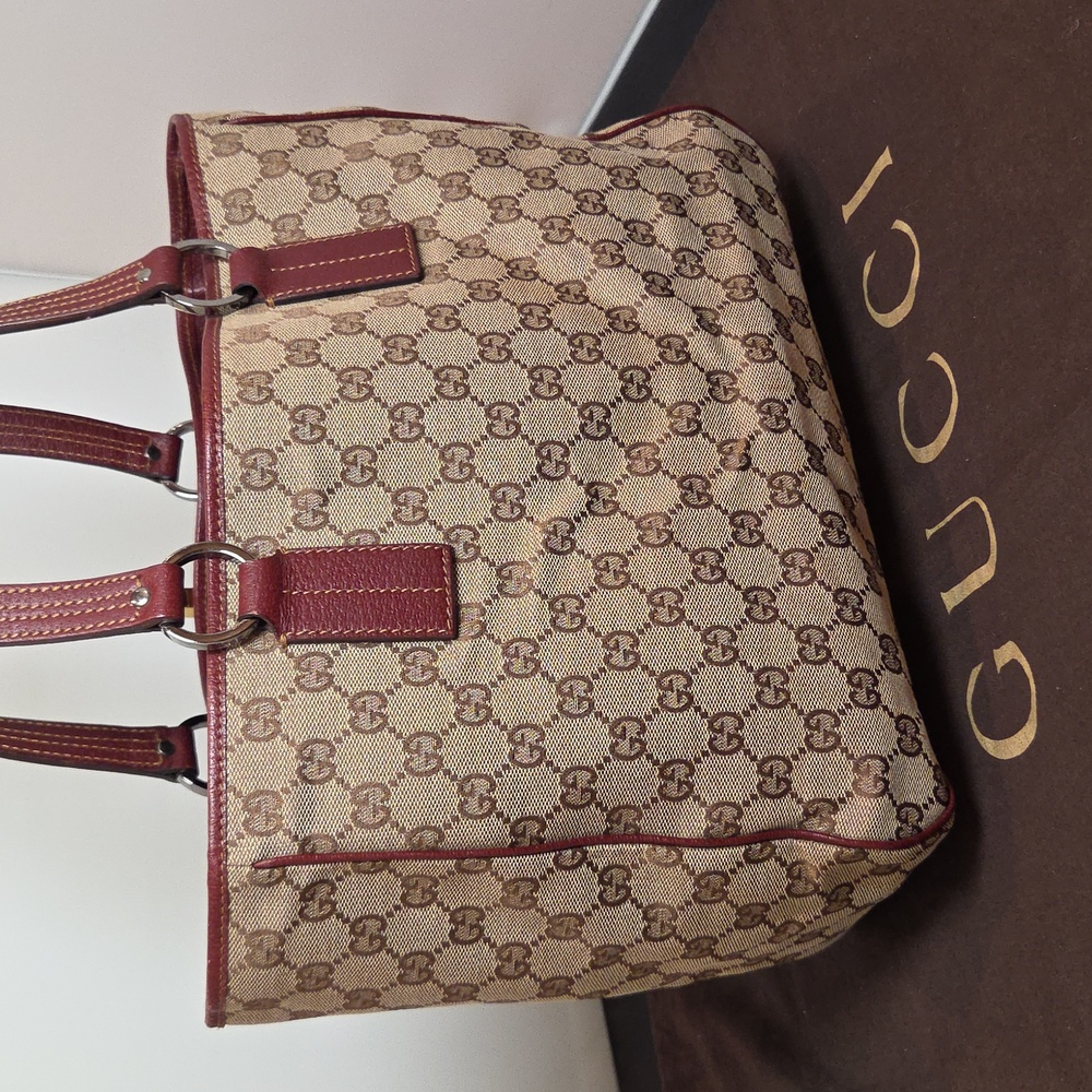 GUCCI 2005 Coated Canvas/Leather Equestrian structured Open Tote Bag Bordeaux - Picture 8 of 17